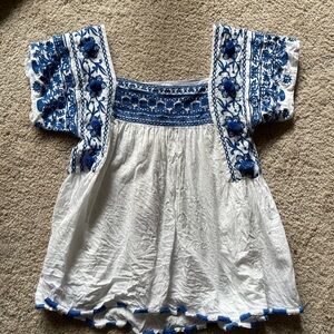Buggy Embroidered Blue and White Women's Greek/Boho Top